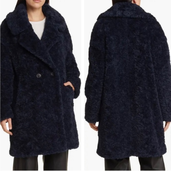$428 Bcbgmaxazria Longline Double Breasted Faux Fur Teddy Coat Navy S - Picture 1 of 10
